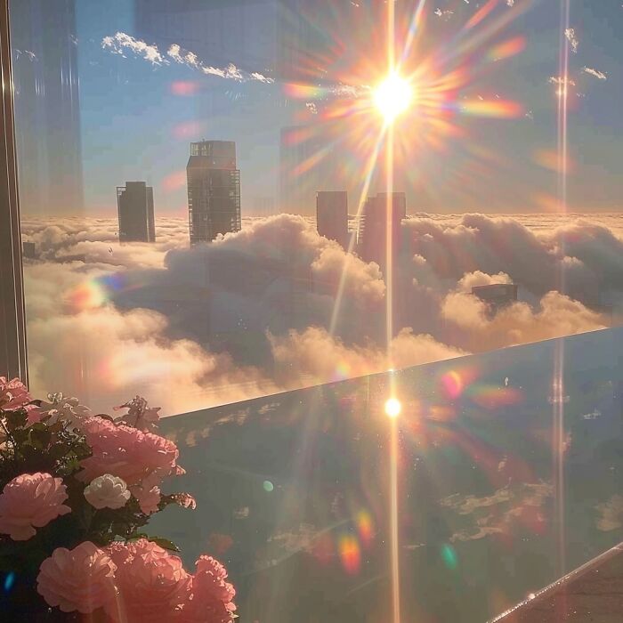 Sun setting over city skyline and clouds, viewed from a reflective surface with flowers in the foreground, creating a liminal space.