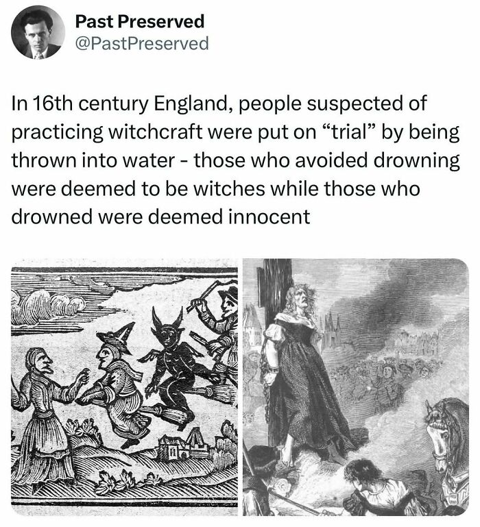 Historical depiction of witch trials in 16th century England, highlighting a water-based trial method.
