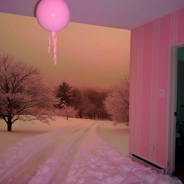 Snowy liminal space with a pink balloon under an orange sky, blending indoors and outdoors.