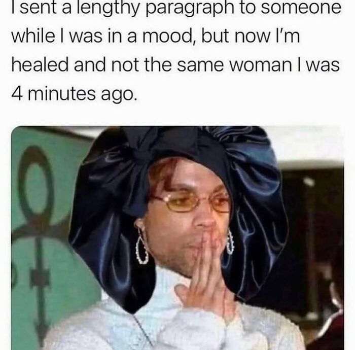 Person in humorous pose with a big headscarf and glasses, caption about sending a lengthy message, from Women Behaving Badly.