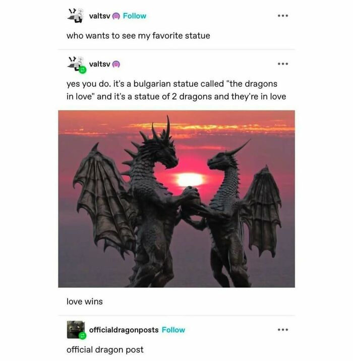 Two dragon statues depicted in a humorous Tumblr post, captioned "The Dragons in Love" against a sunset background.