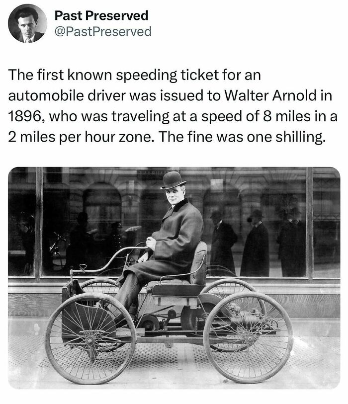 Man in vintage car receiving first speeding ticket in 1896, breaking 2 mph limit at 8 mph, historical photograph.