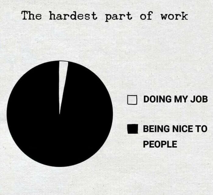 Pie chart humor about today's workforce; small slice for job tasks, large slice for being nice to people.