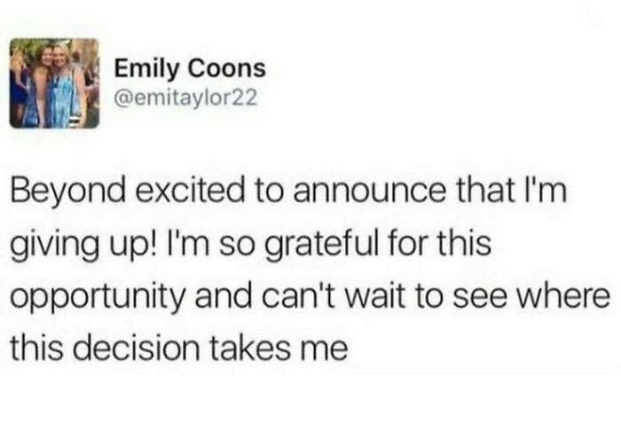 Meme text humorously announces giving up, showing relatable humor about today's workforce.