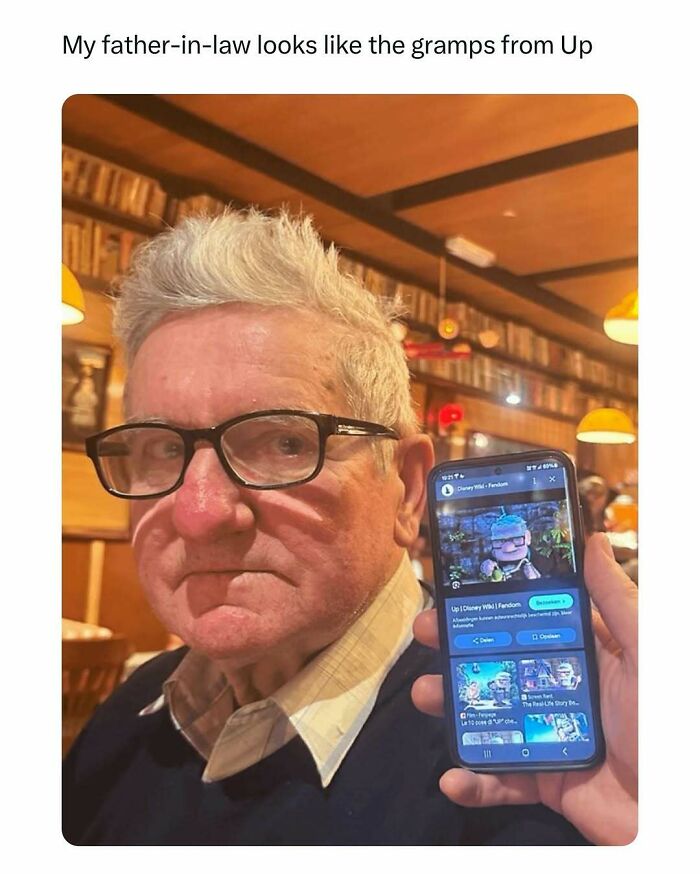 Elderly man with glasses and a plaid shirt, compared to a character from "Up," bringing a little joy.