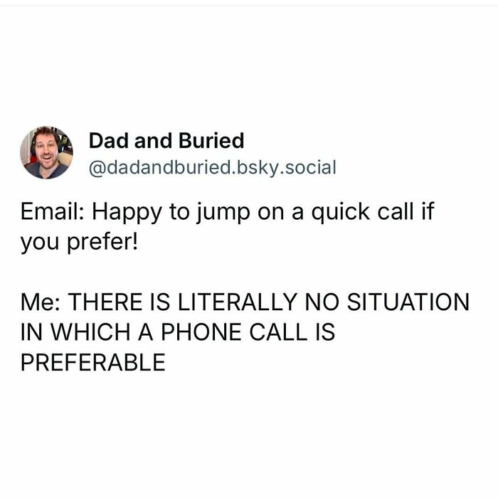 Humorous meme about preferring emails over calls in a work setting.