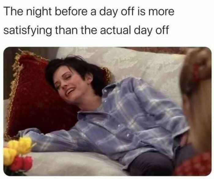 Person in flannel shirt relaxing on a couch, illustrating a funny and relatable workforce meme about enjoying the night before a day off.