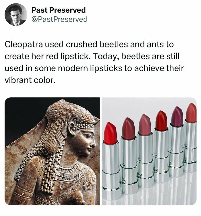 Ancient bust of Cleopatra beside modern lipsticks, illustrating historical use of crushed beetles in cosmetics.