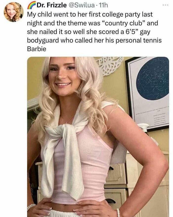 Young woman in a pink top and white sweater, smiling after a college party themed "country club", showcasing Tumblr humor.