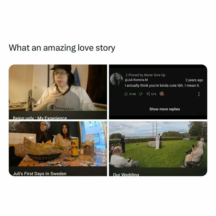 Heartwarming meme collage featuring an inspiring love story progression from being awkward to getting married.