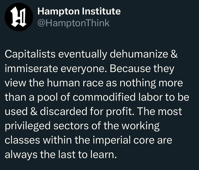 Tweet expressing anti-capitalism views shared by the Hampton Institute.