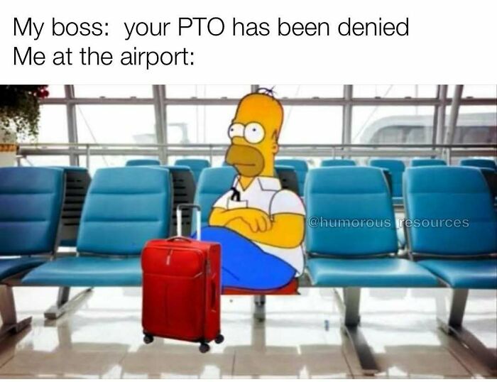 Homer Simpson meme from Humorous Resources sitting in an airport with a red suitcase, reflecting work-related humor.