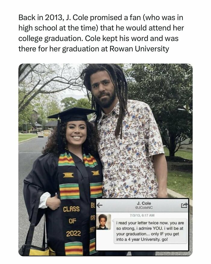 Graduate with cap and gown stands next to a man, illustrating a heartwarming promise kept, bringing joy to the day.