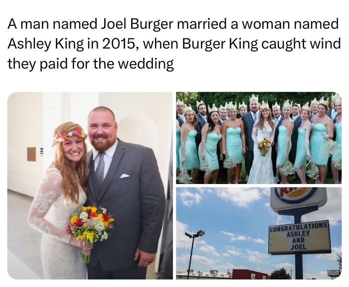 Heartwarming memes: Couple named Burger and King get wedding sponsored by Burger King, featuring joyful wedding photos.