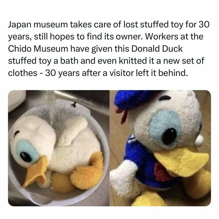 Donald Duck stuffed toy being cared for in museum, featuring a bath and new clothes as a heartwarming gesture.