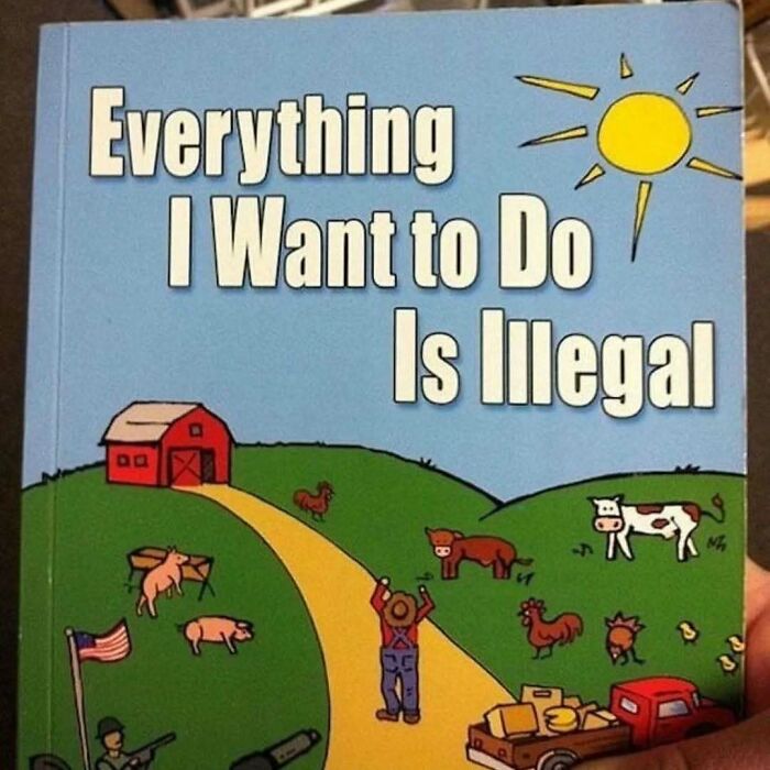 Portada de libro con granja colorida y texto humorístico sobre actividades ilegales.