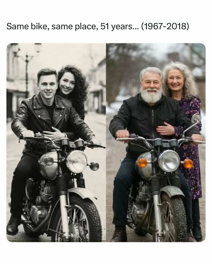Vintage photo of a couple on a motorcycle, recreated 51 years later to bring joy and nostalgia.