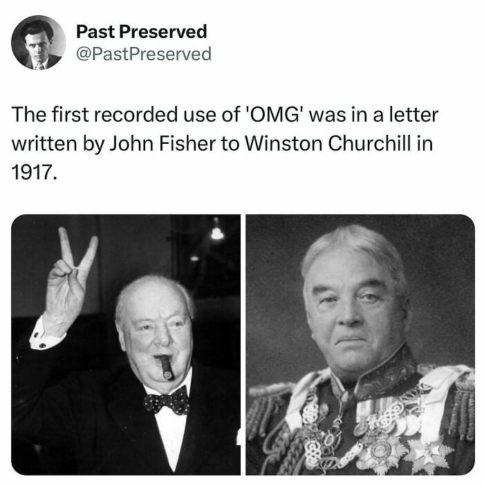 "Historical fact about first use of 'OMG' in 1917 letter from John Fisher to Winston Churchill."