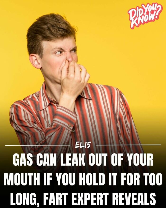 Man in a striped shirt holding nose with surprised expression; fact reveals mouth gas escape possibility.
