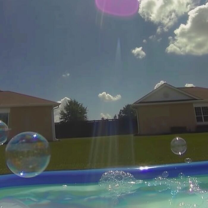 Bubbles floating above a backyard pool, creating a surreal liminal space under a clear sky.