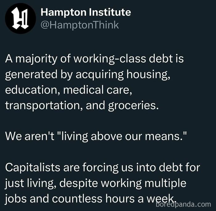 Text from Hampton Institute highlighting anti-capitalism views on working-class debt and basic needs expenses.