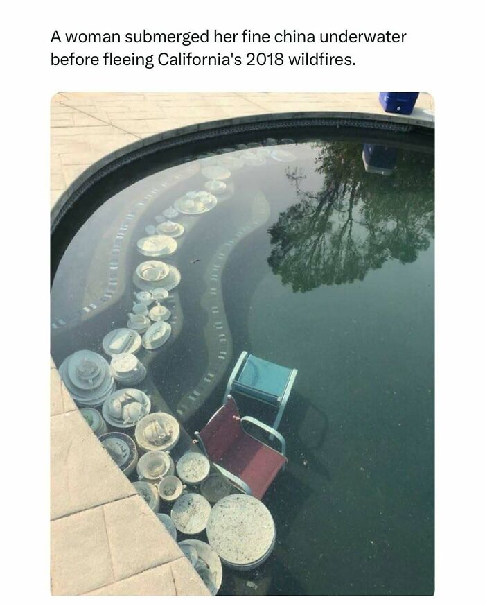 Pool filled with submerged china and chairs, reflecting the sky; an inventive wildfire protection strategy bringing joy.