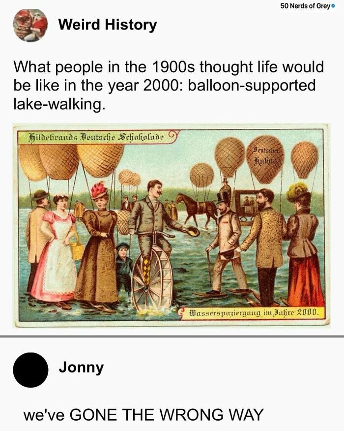 1900s futuristic illustration of balloon-supported lake-walking humor from "50 Nerds Of Grey" meme collection.