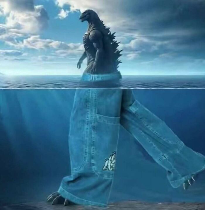 A giant creature walking through the ocean wearing oversized denim jeans, depicting one of the hardest animals.