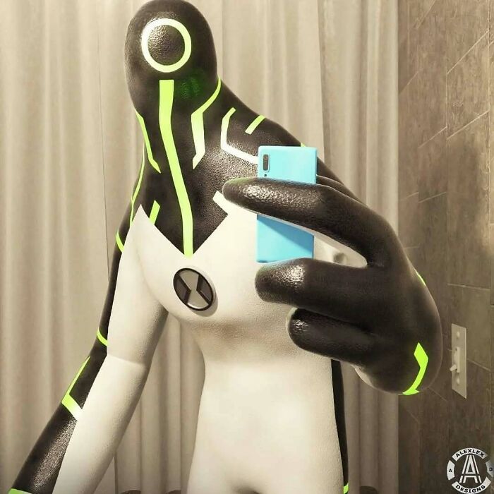 Alien-like figure taking a selfie in a mirror, showcasing the strange side of the internet.