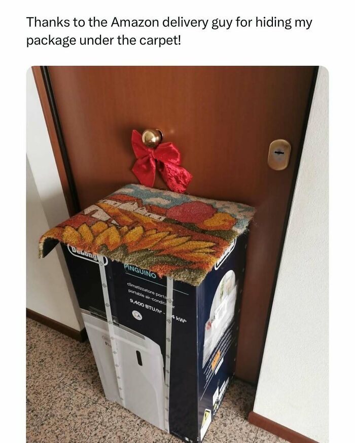 Package humorously hidden under a small carpet at the door, adding joy to the day with a clever delivery solution.
