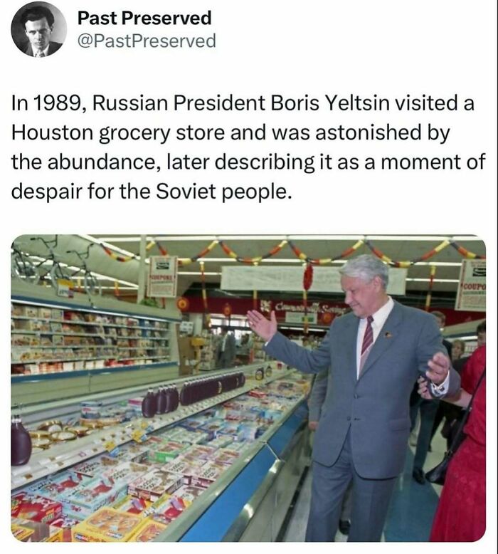 Russian leader in a 1989 Houston grocery store, examining products, highlighting interesting historical facts.