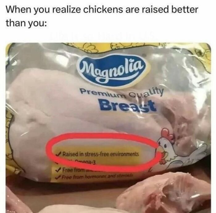 Humorous meme showing packaged chicken labeled as raised in stress-free environments, highlighting relatable humor.