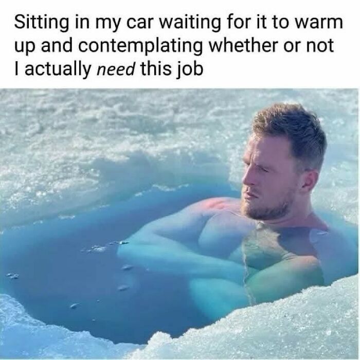 Man in icy water, contemplating life with a relatable meme text about needing a job, from 'Humorous Resources'.
