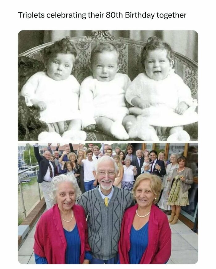 Triplets at 80th birthday party with family, showcasing heartwarming joy across the years.