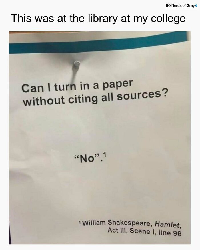 Library humor showing a mock citation reply from "Shakespeare" to a question about citing sources, citing "Hamlet."