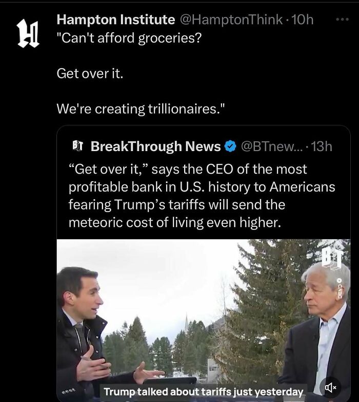 Anti-capitalism post with quotes about trillionaires, CEO, and tariffs, featuring two men in discussion outdoors.