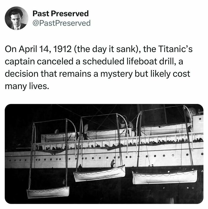 "Past Preserved tweet about the Titanic, featuring an illustration of lifeboats on the ship's side before the disaster."