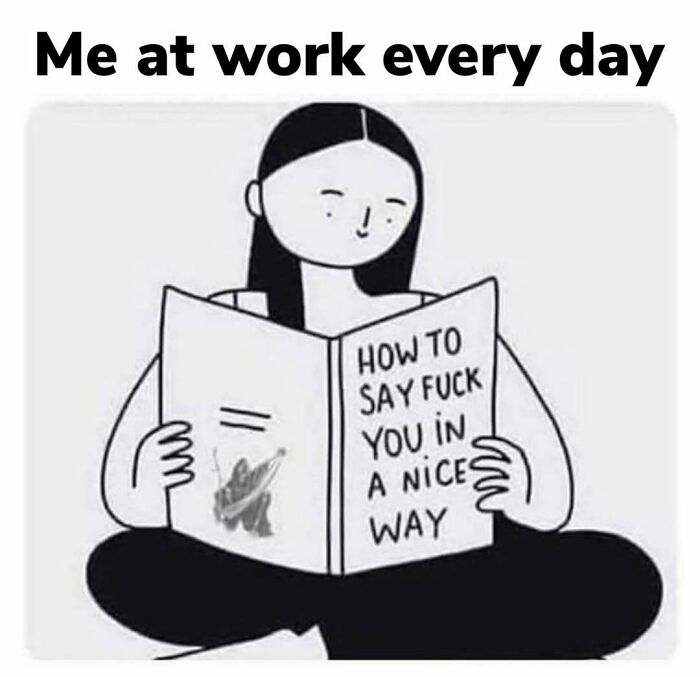 Cartoon of a person reading a humorous book about workplace frustrations.