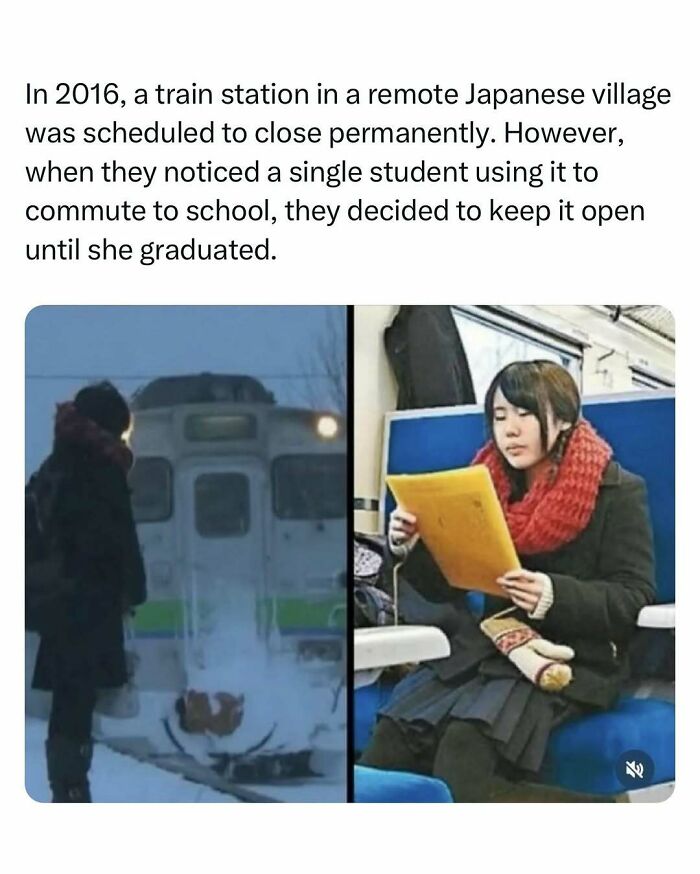 A student waiting for a train and reading inside, highlighting heartwarming moments in a Japanese village.