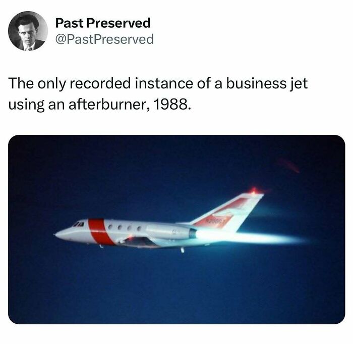 Business jet using afterburner at night, 1988; historical aviation fact.