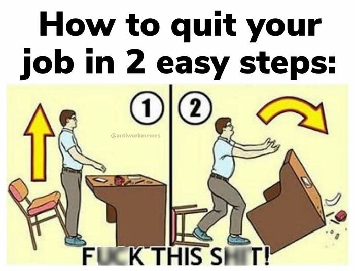Man flipping desk in funny and relatable meme about today's overworked workforce.