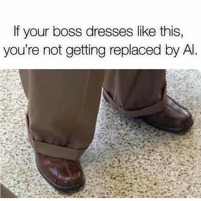 Humorous Resources meme showing pants and shoes, captioned about not being replaced by AI.