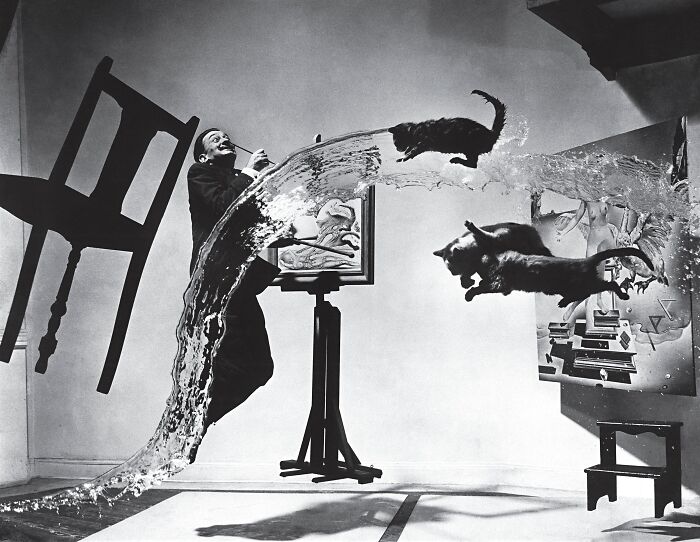 Surreal vintage cat photo with cats leaping through water in an art studio setting.
