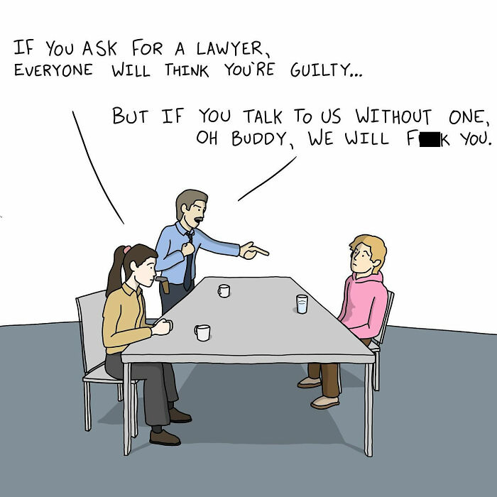 Cartoonist's witty and absurd comic depicting a humorous interrogation scene with three characters at a table.