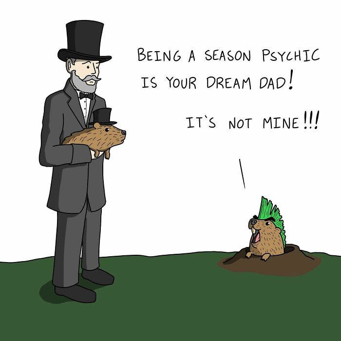 Cartoonist's witty comic with animals, a man in a tuxedo, holding a small creature, and a dialogue about seasonal predictions.