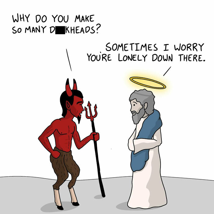 Devil and angel in cartoon having a witty, honest conversation.