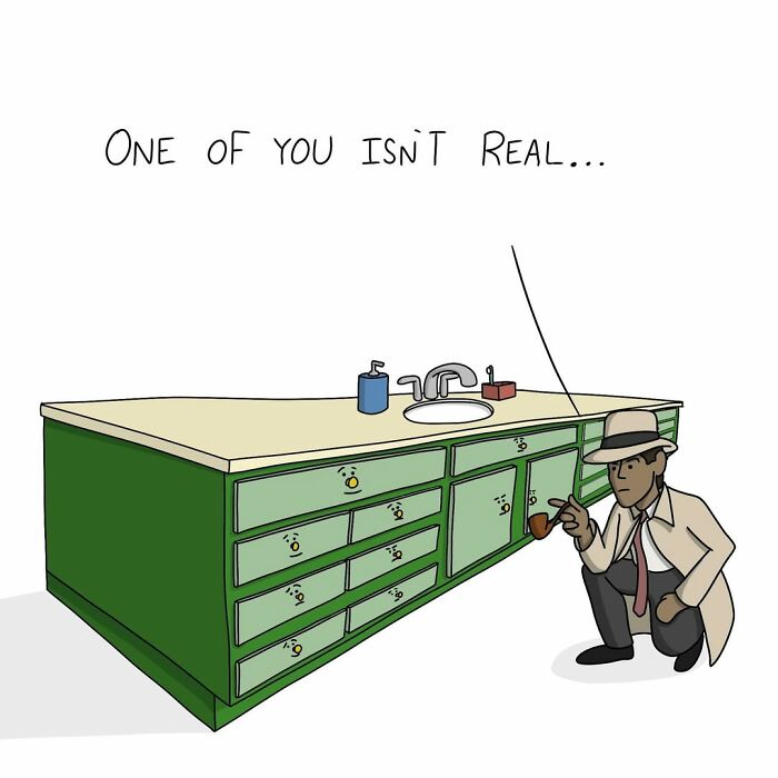 Cartoon detective inspecting a green cabinet under a sink, highlighting absurd and witty humor.