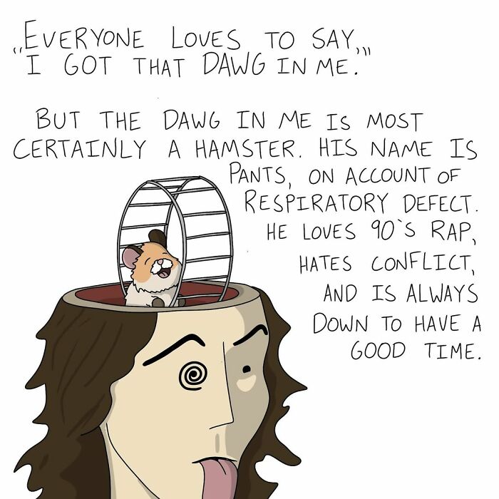 Cartoonist's witty illustration with a hamster in a person’s head, humorously describing its personality traits.