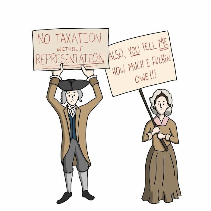 Cartoonist's witty illustration of historical figures with protest signs about taxation and representation.