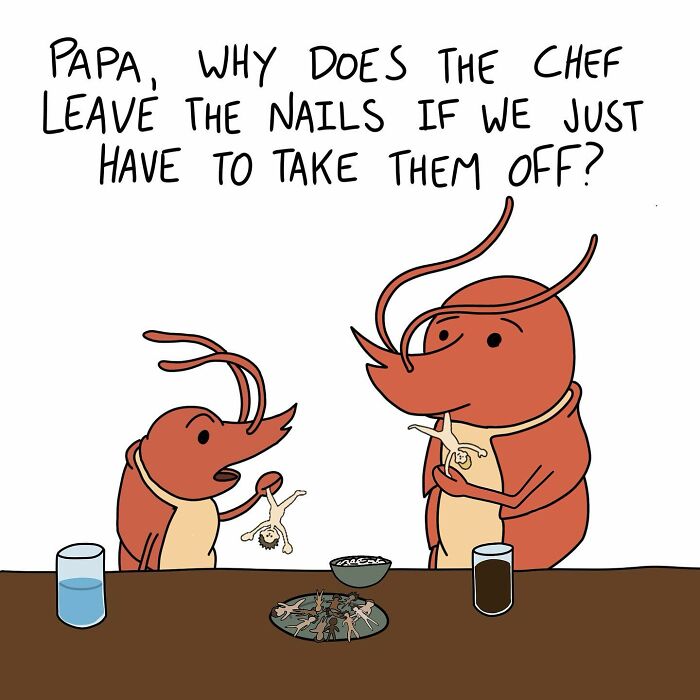 Cartoonist's absurd scene with shrimp discussing food preparation at a table.